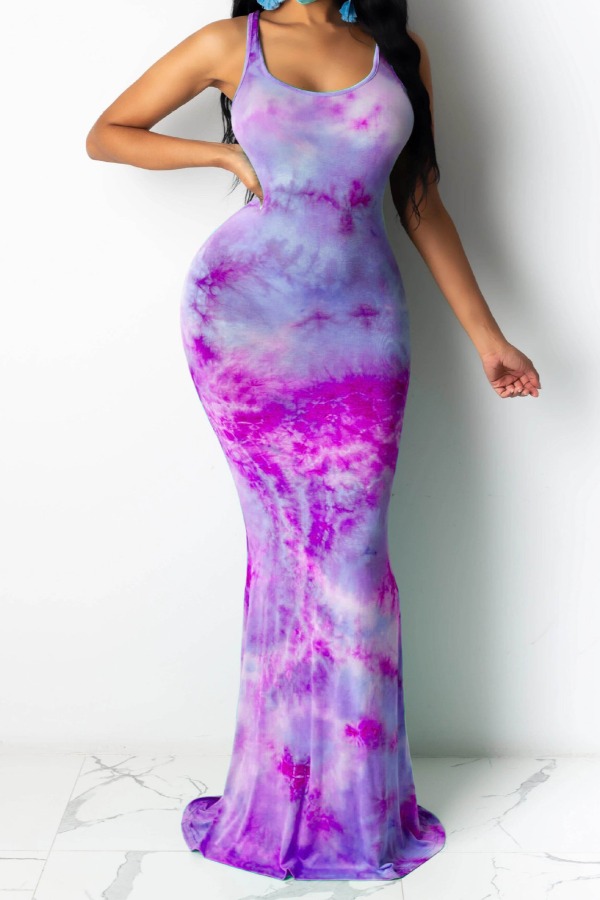 

lovely Casual U Neck Tie-dye Purple Maxi Dress