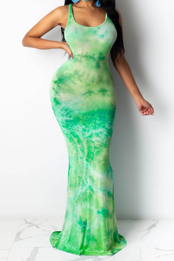 

lovely Casual U Neck Tie-dye Light Green Maxi Dress