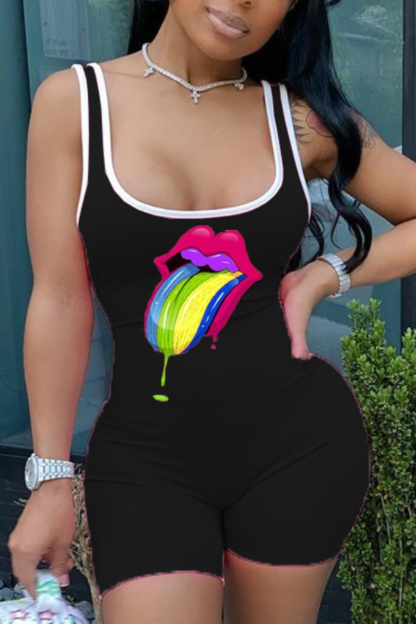 lovely Casual U Neck Lip Print Black One-piece Romper