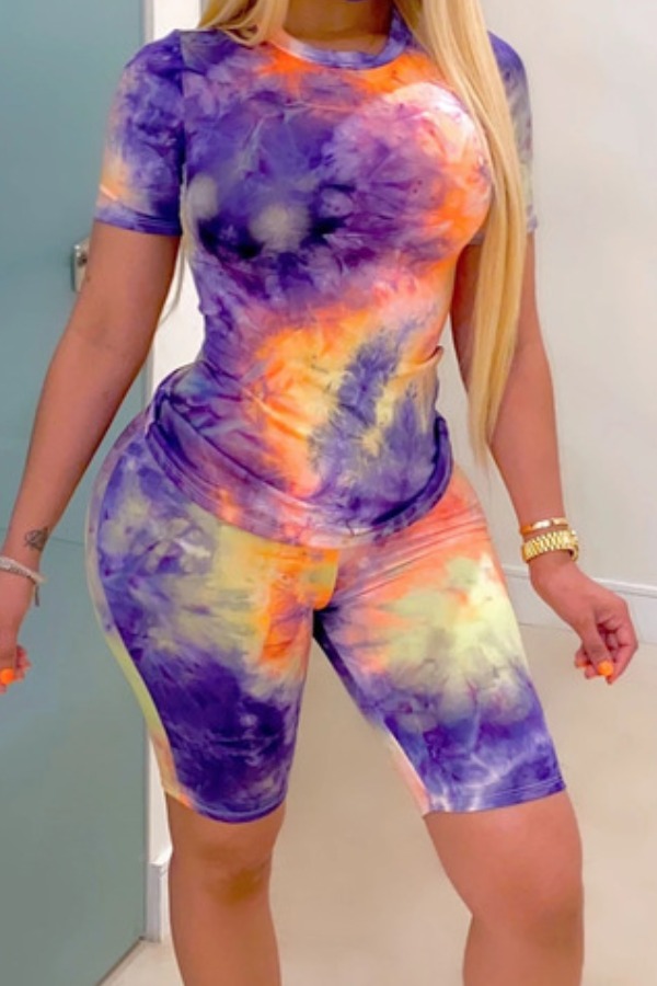 

lovely Casual Tie-dye Purple Plus Size Two-piece Shorts Set