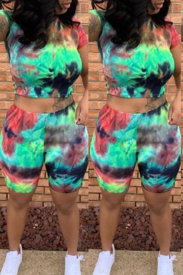 

lovely Casual Tie-dye Green Two-piece Shorts Set