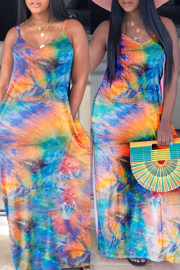 

lovely Casual Spaghetti Strap Tie-dye Orange Maxi Dress