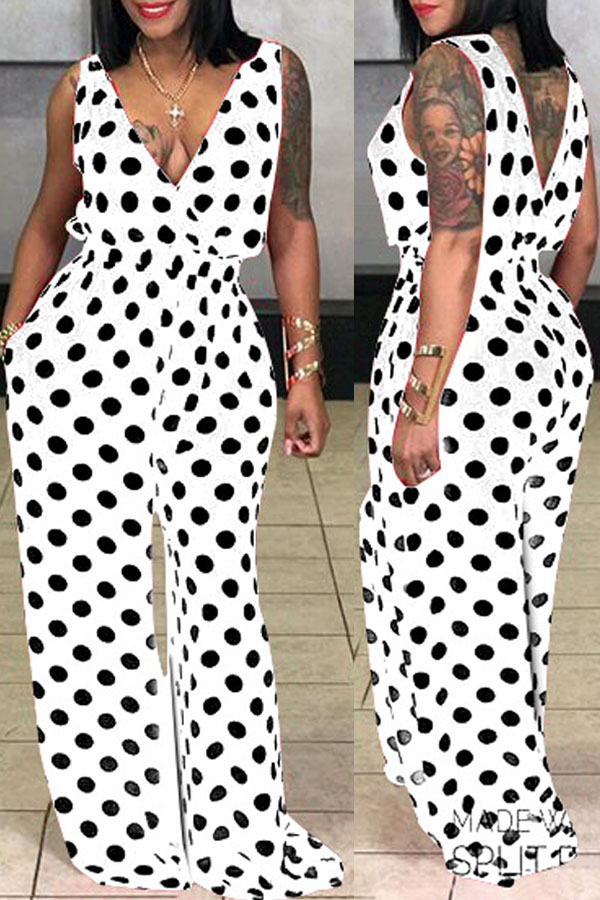 

lovely Leisure Dot Print White Plus Size One-piece Jumpsuit