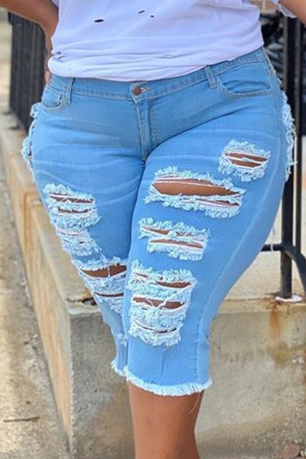 

Lovely Casual Broken Holes Babyblue Denim Shorts, Baby blue