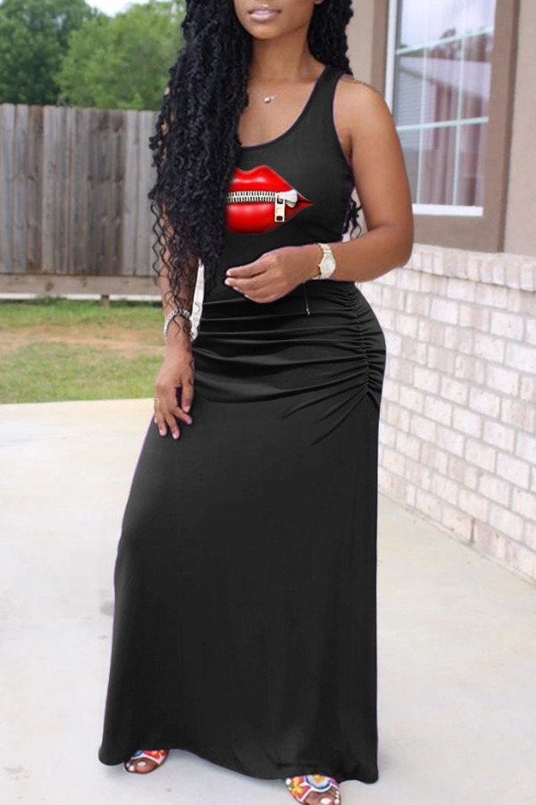 lovely Casual Lip Print Zipper Black Maxi Dress