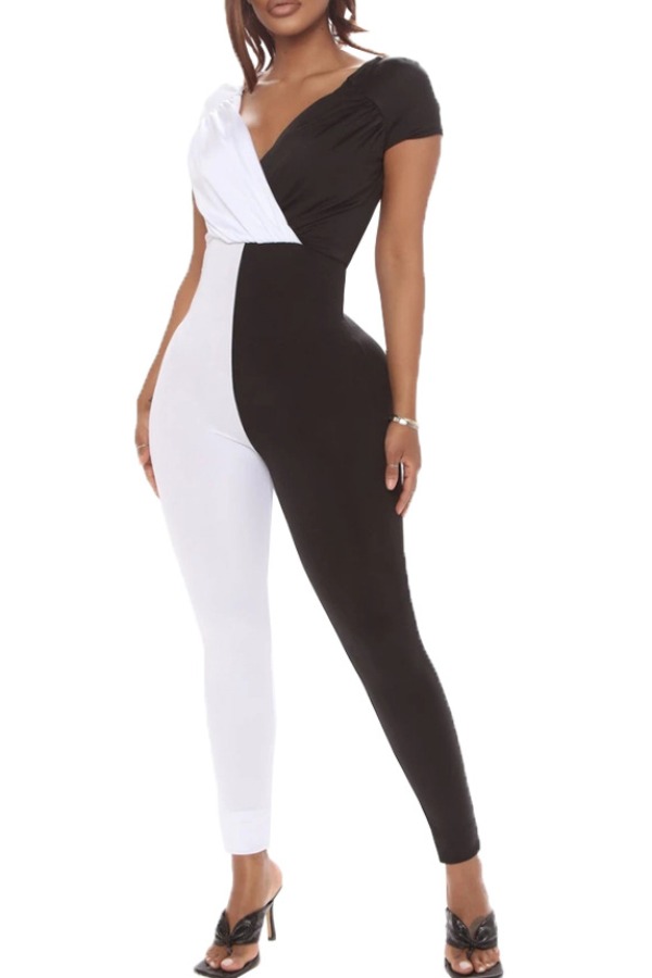 

lovely Leisure V Neck Patchwork Black One-piece Jumpsuit