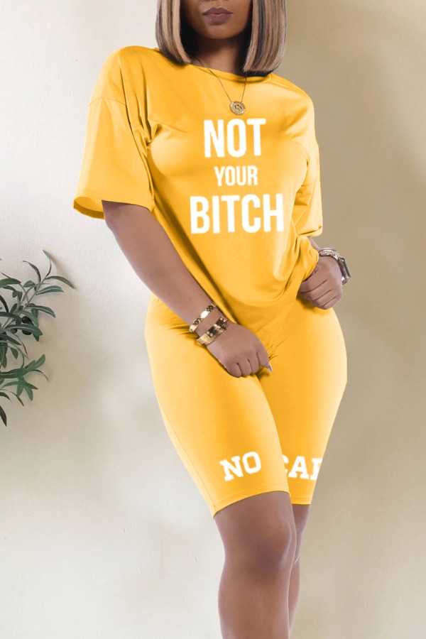 

lovely Casual Letter Print Yellow Two-piece Shorts Set