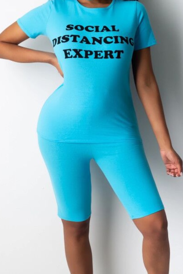 

lovely Casual Letter Print Babyblue Two-piece Shorts Set, Baby blue
