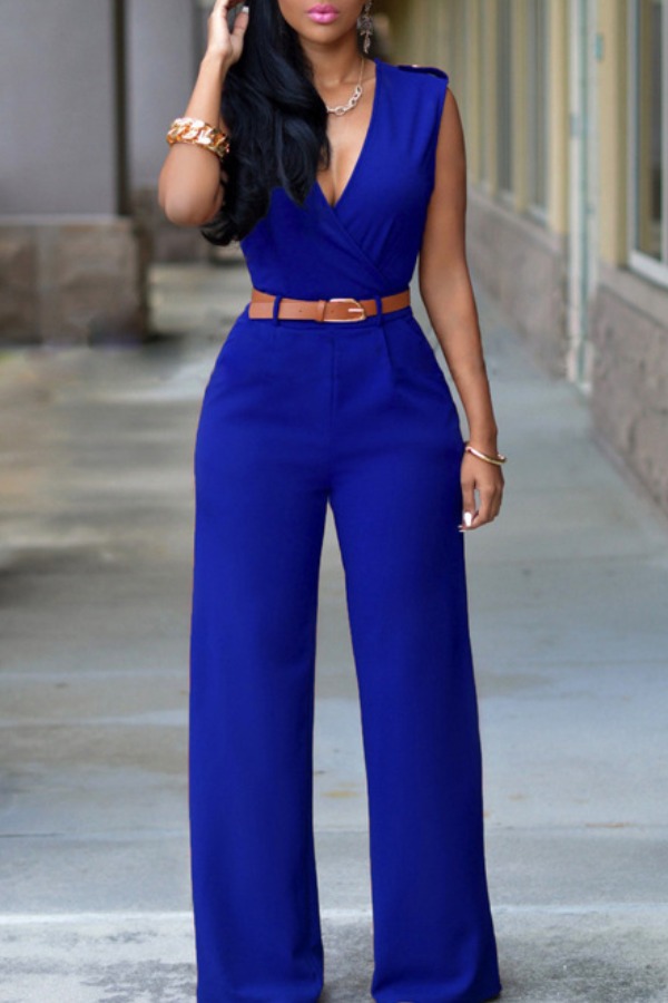 

lovely Stylish V Neck Royalblue One-piece Jumpsuit(Without Belt