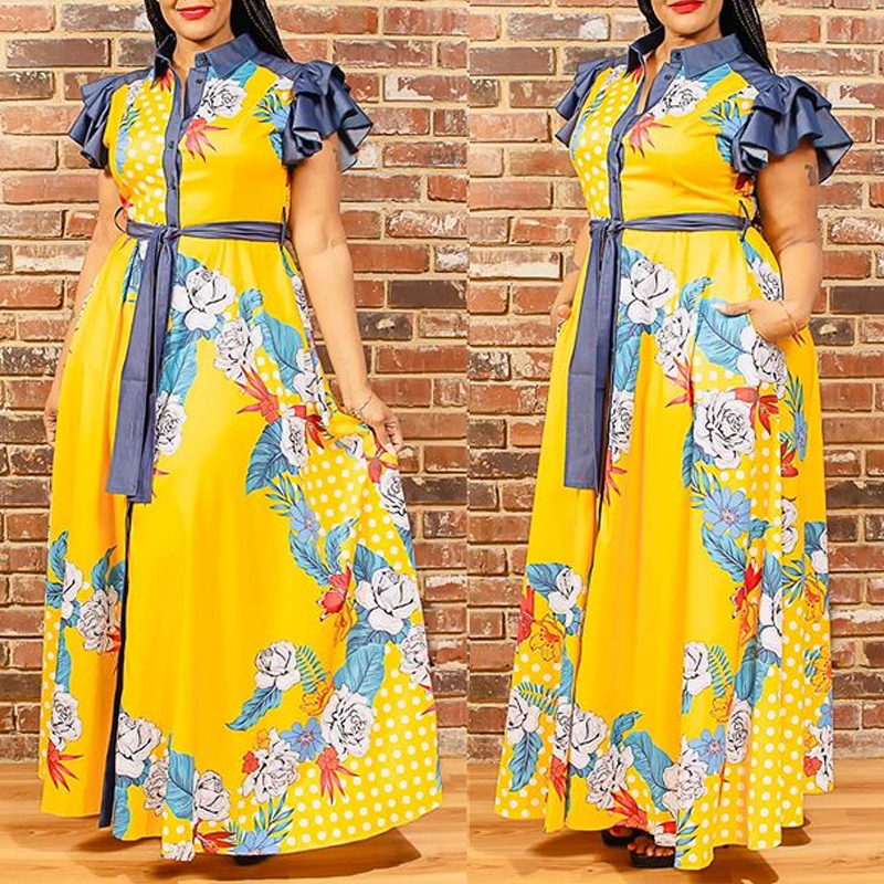 

lovely Stylish Print Patchwork Yellow Plus Size Maxi Dress