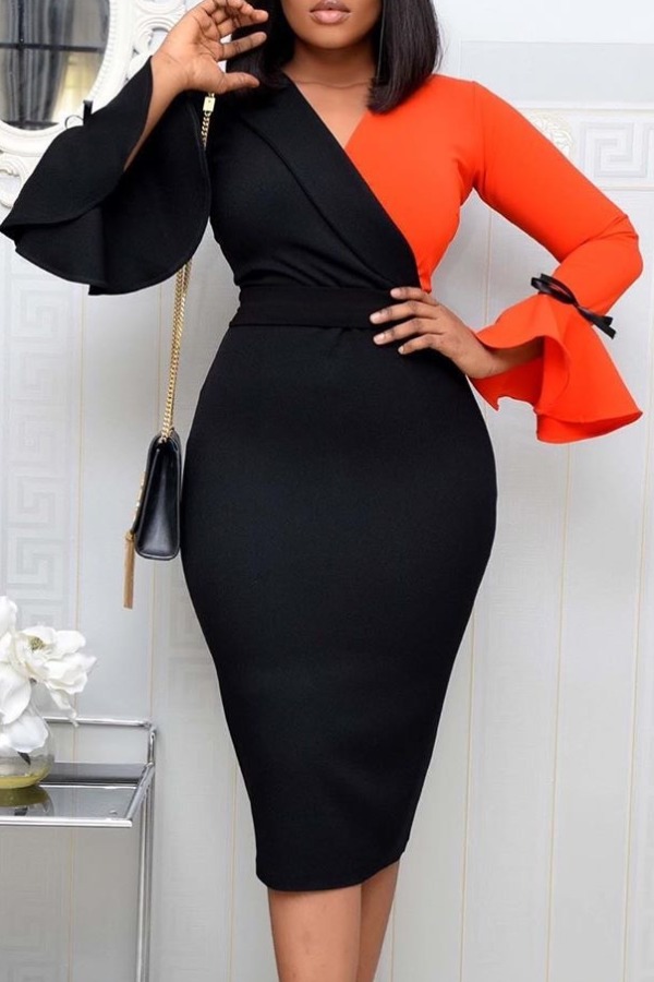 

lovely Stylish V Neck Patchwork Jacinth Knee Length Dress