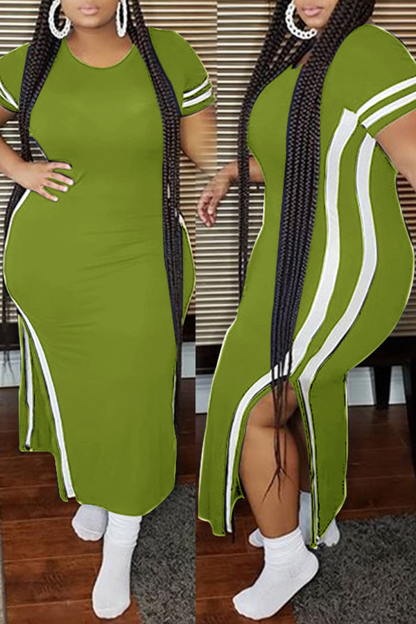 

Lovely Casual Patchwork Army Green Ankle Length Plus Size Dress