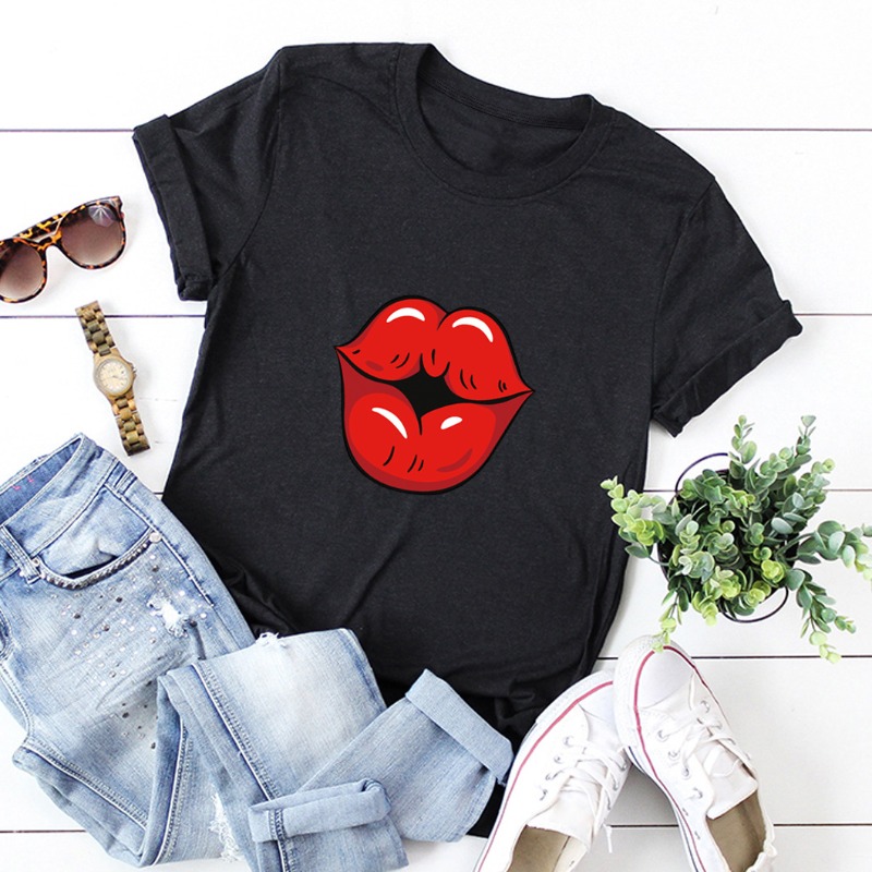 

lovely Leisure O Neck Lip Print Black T-shirt