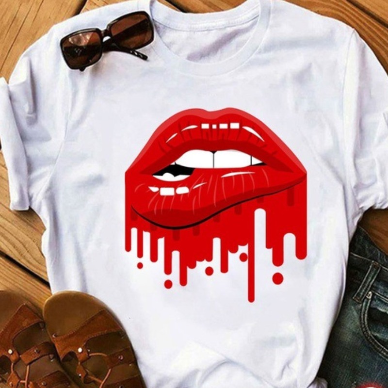 

lovely Casual O Neck Lip Print Bright Red T-shirt