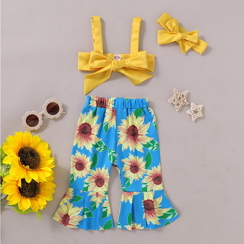 

lovely Casual Sunflower Print Yellow Girl Two-piece Pants Set