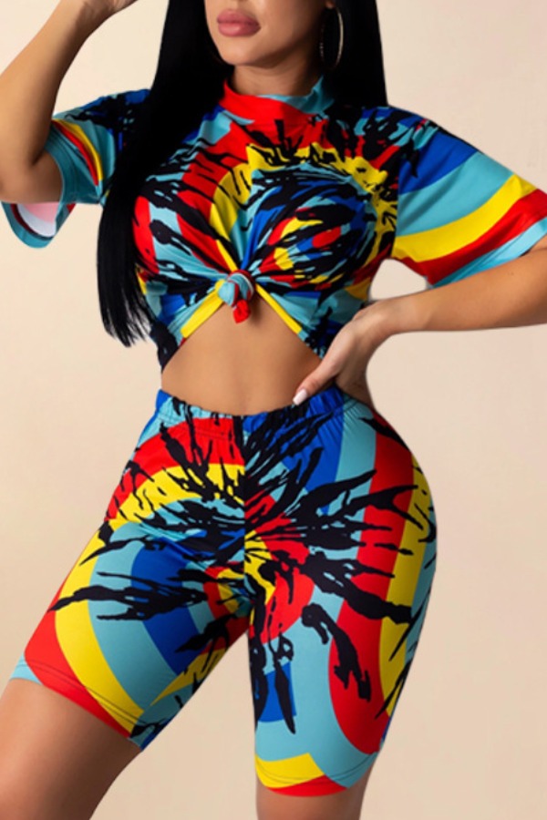 

lovely Leisure O Neck Print Blue Two-piece Shorts Set