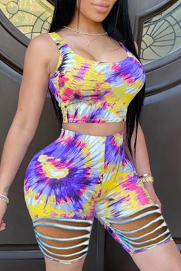 

lovely Trendy Tie-dye Yellow Two-piece Shorts Set