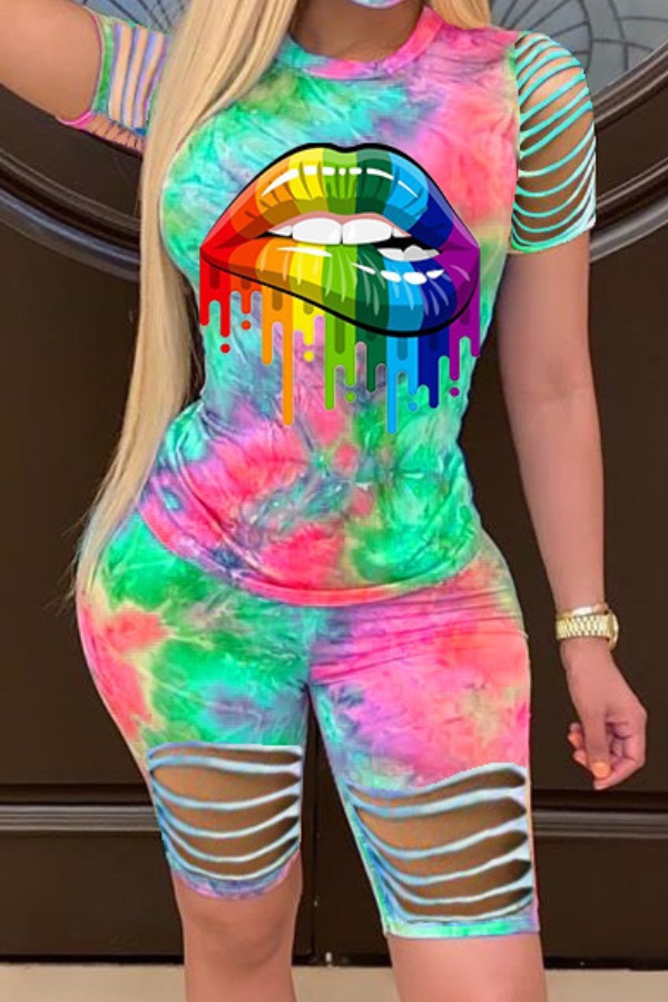

lovely Leisure O Neck Lip Print Green Two-piece Shorts Set