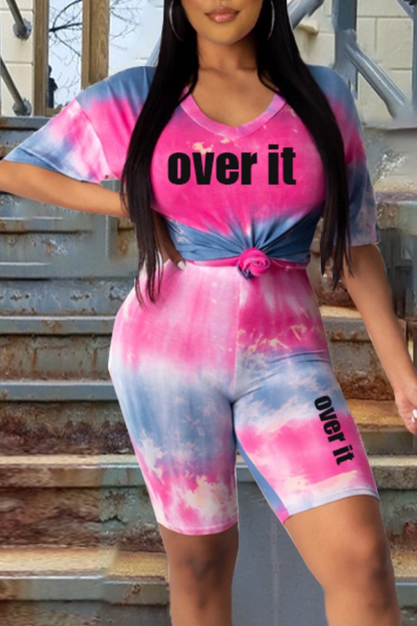 

lovely Stylish Tie-dye Pink Two-piece Shorts Set