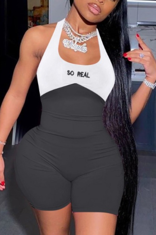 

lovely Sexy Patchwork Backless Black Plus Size One-piece Romper
