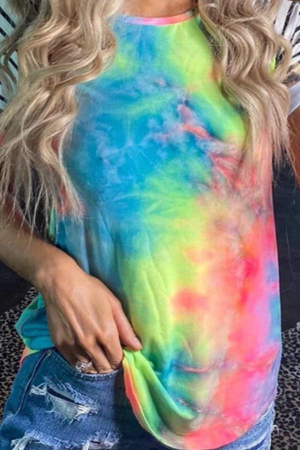 

lovely Leisure O Neck Tie-dye Striped Print Patchwork Blue T-shirt