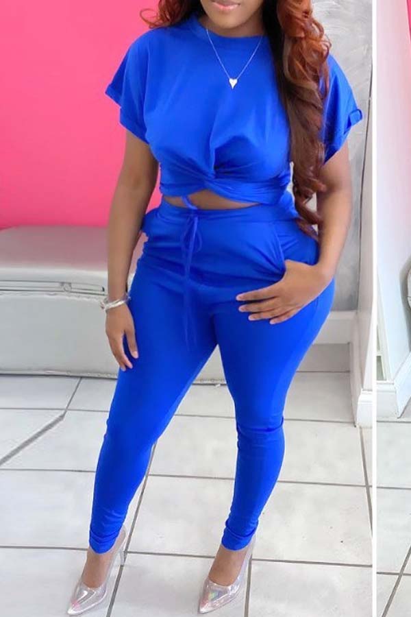 

lovely Leisure Knot Design Blue Plus Size Two-piece Pants Set