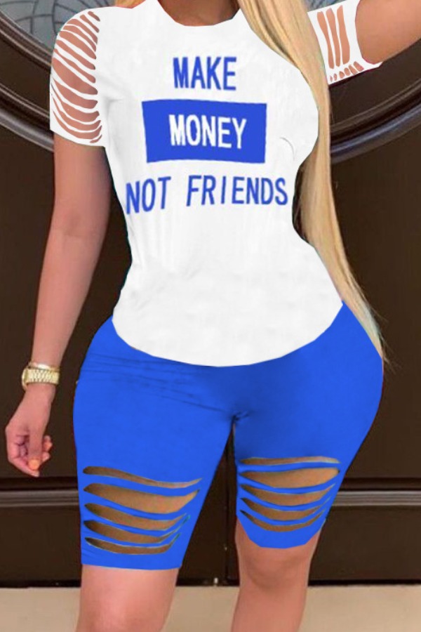 

lovely Leisure Letter Print Blue Plus Size Two-piece Shorts Set