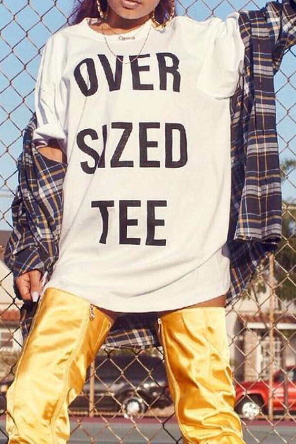 

lovely Casual Letter White Knee Length T-shirt Plus Size Dress