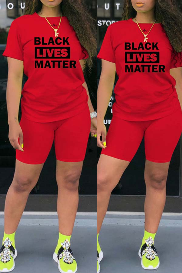 

Lovely Leisure Letter Print Red Plus Size Two-piece Shorts Set