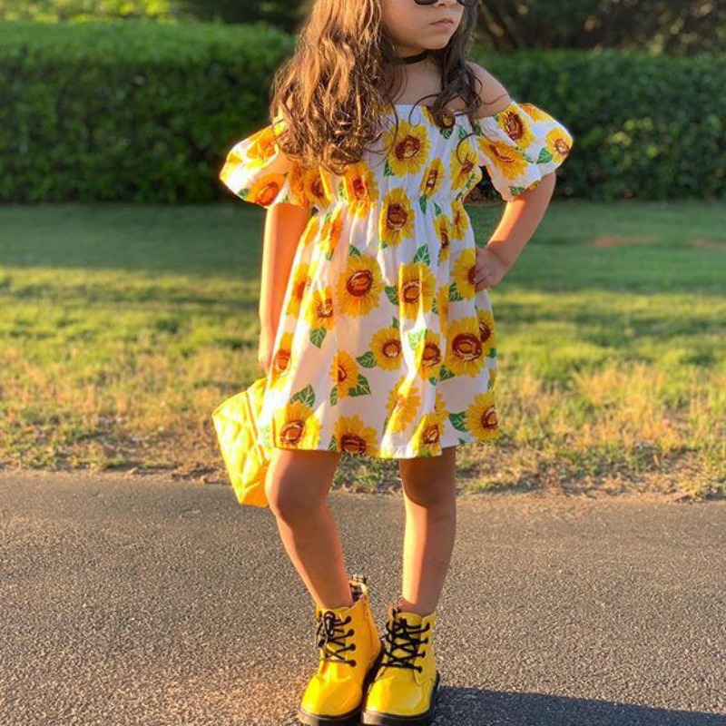 

lovely Casual Sunflower Print Yellow Girl Knee Length Dress