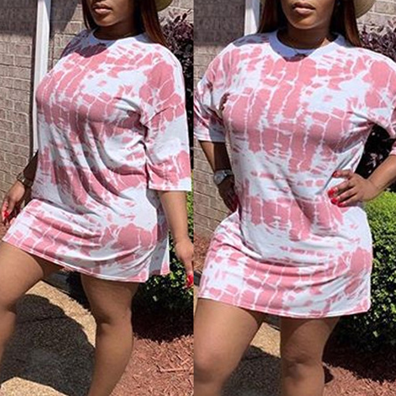 

lovely Casual O Neck Tie-dye Light Pink Mini Dress