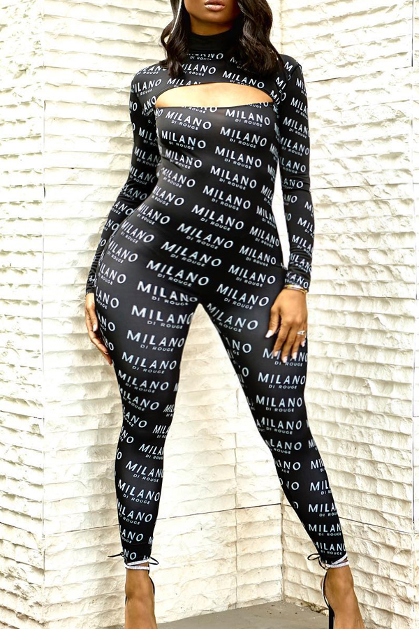 

Lovely Stylish Letter Print Black Plus Size One-piece Jumpsuit
