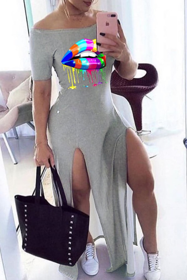 

lovely Casual Off The Shoulder Lip Print Grey Maxi Dress