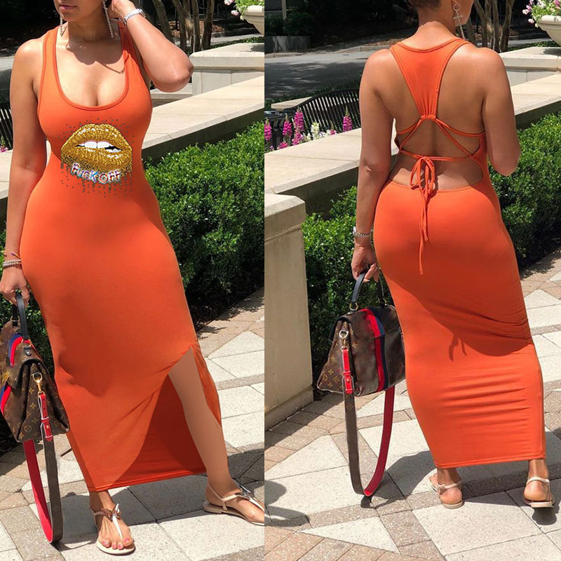 

lovely Casual Lip Print Hollow-out Jacinth Ankle Length Dress