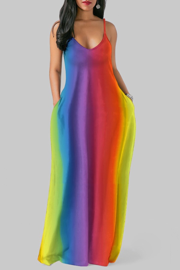 

Lovely Casual Spaghetti Strap Striped Print Multicolor Maxi Plus Size Dress, Multi