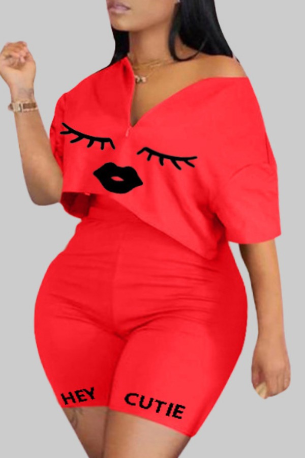 

lovely Casual Print Red Plus Size Two-piece Shorts Set