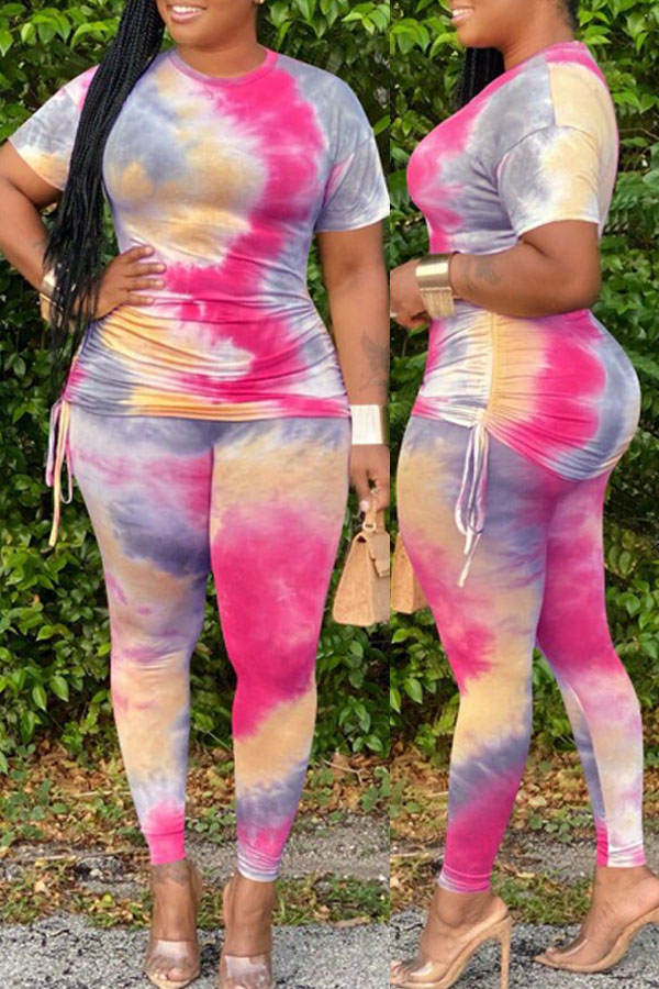 

lovely Casual Tie-dye Rose Red Plus Size Two-piece Pants Set