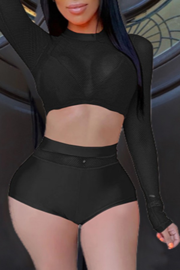 

Lovely Sexy O Neck See-through Black Two-piece Shorts Set