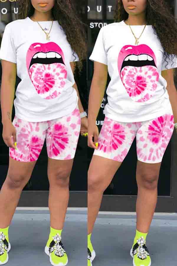 

LW Leisure Lip Print Pink Two-piece Shorts Set