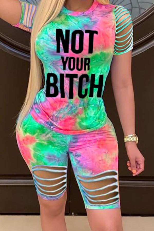 

lovely Casual Letter Print Hollow-out Green Two-piece Shorts Set