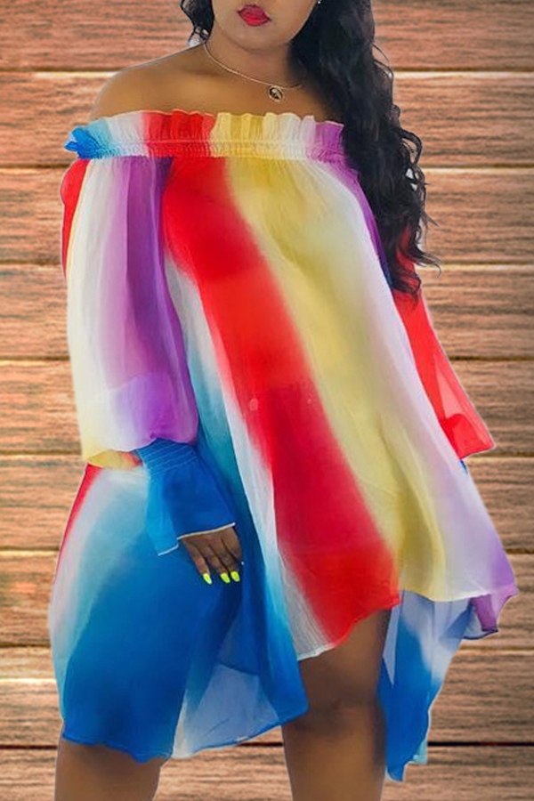 

lovely Sweet Print Asymmetrical Blue Knee Length Plus Size Dress