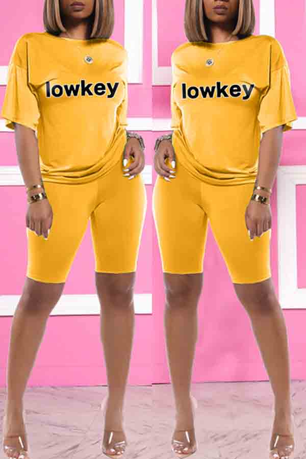 

lovely Casual Letter Print Yelllow Two-piece Shorts Set, Yellow