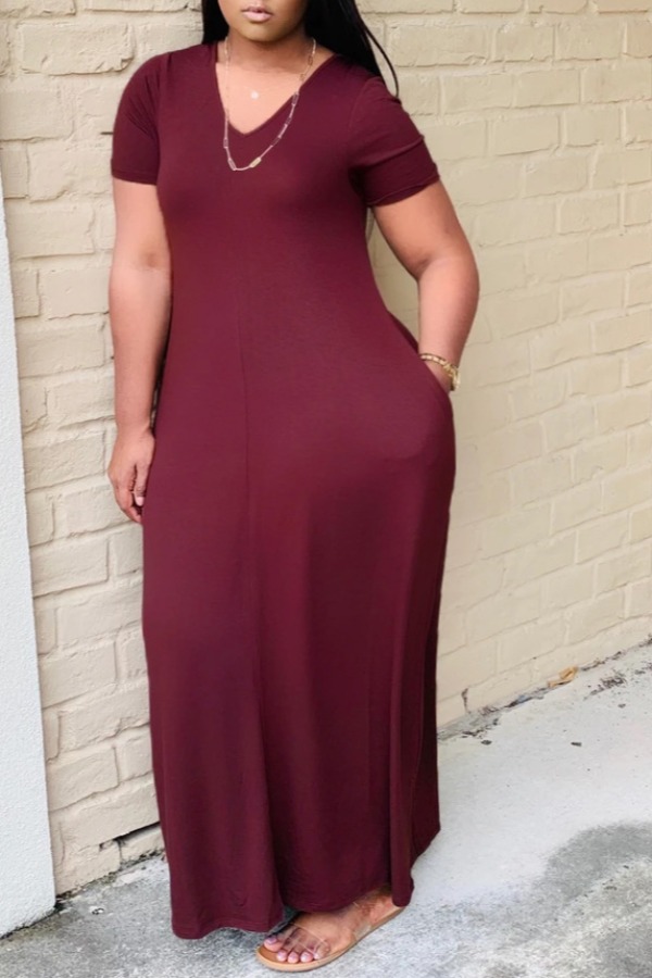 

lovely Casual V Neck Basic Wine Red Ankle Length Plus Size Dress
