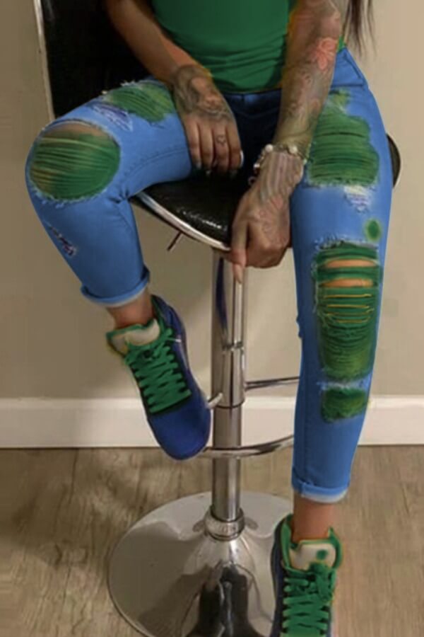 

LW Stylish Broken Holes Blackish Green Jeans, Black green
