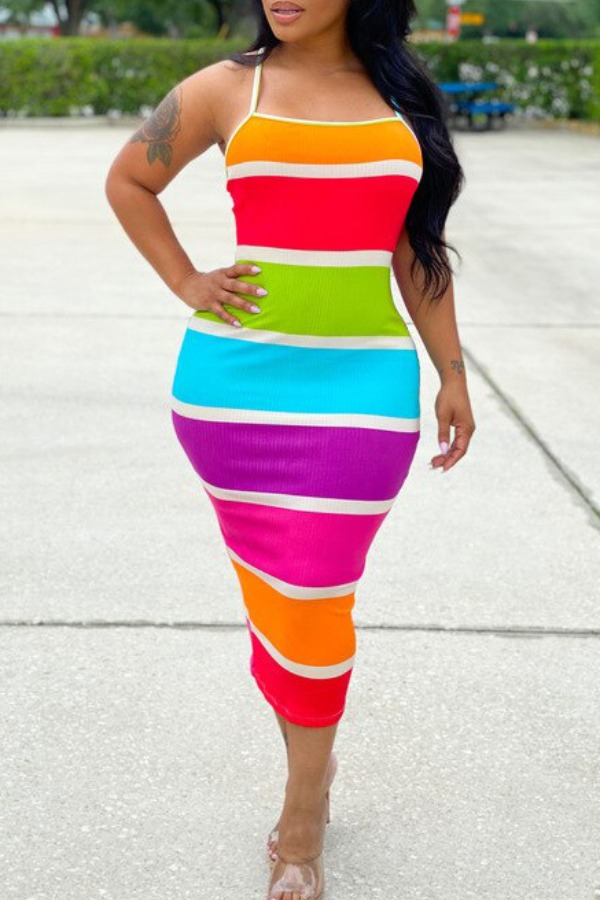 

lovely Sexy Striped Rose Red Mid Calf Dress