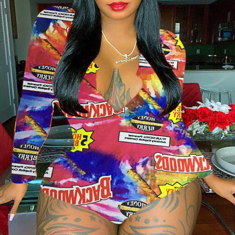 

Lovely Leisure Deep V Neck Letter Print Multicolor Plus Size One-piece Romper, Multi