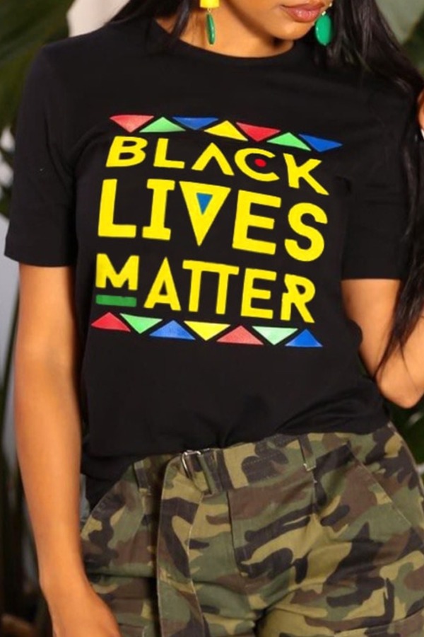 

lovely Leisure O Neck Letter Print Black T-shirt