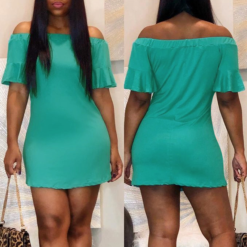 

lovely Trendy Dew Shoulder Flounce Design Green Mini Dress