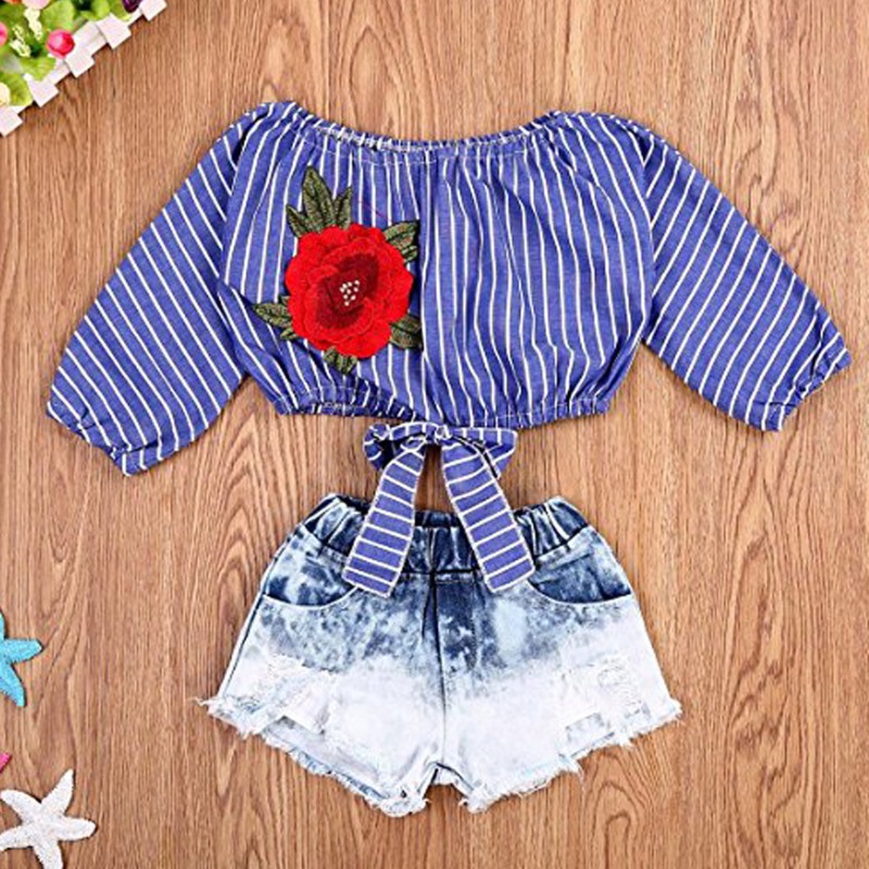 Lovely Sweet Striped Deep Blue Girl Two-piece Shorts Set