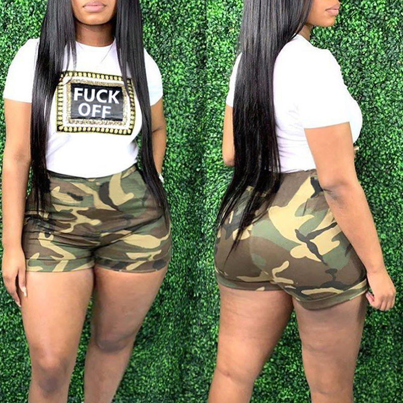 

Lovely Casual Letter Print Green Plus Size Two-piece Shorts Set